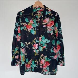 Vintage 1970's ROAMANS dark floral polyester dagger collar long sleeve blouse M